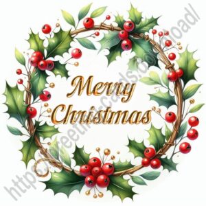 White Merry Christmas card with a round thin border of holly berries and leaves.