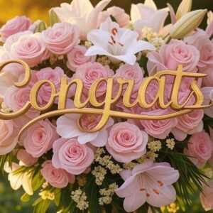 Congrats greeting e-card with a bouquet of lilies and roses.