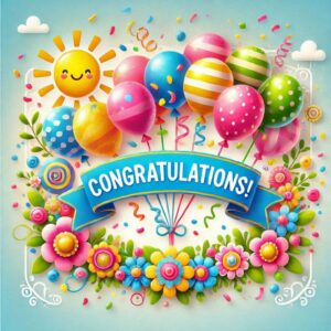 Congratulations greeting e-card with flowers and balloons.