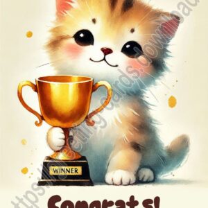 Congrats greeting e-card with a kitten and a winner's cup.