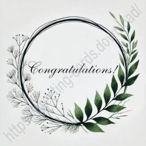 Congratulations greeting e-card in a round frame of green leaves and herbs.