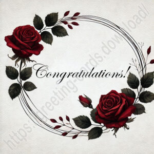 Congratulations greeting e-card in a round frame with dark red roses.