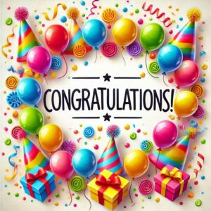 Congratulations greeting e-card with festive decor and gifts.