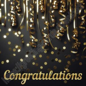 Congratulations black greeting e-card with gold ribbons, streamers and confetti.