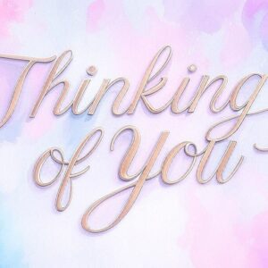 Thinking of you card with pink and blue color spots.