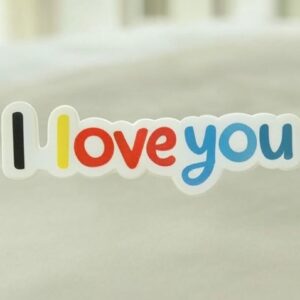 I love you card with sticker inscription in multi-colored letters.