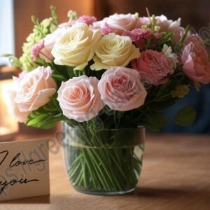 I love you card with a bouquet of roses.