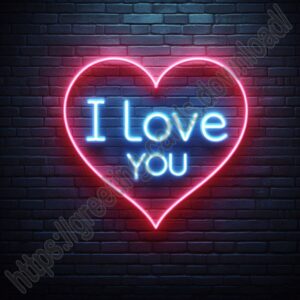 I love you card with neon lettering and heart.