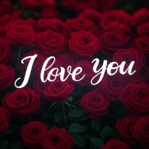 I love you card with inscription on the background of many red roses.
