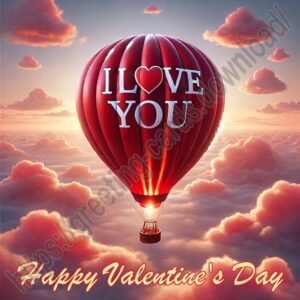 Happy valentines day greeting card with red air balloon that says I love you.