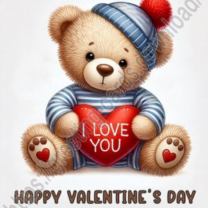 Happy Valentine's Day greeting card with a teddy bear holding a heart in its paws with the words I love you written on it.