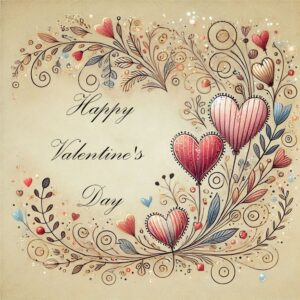 Happy valentines day beige greeting card with hearts.