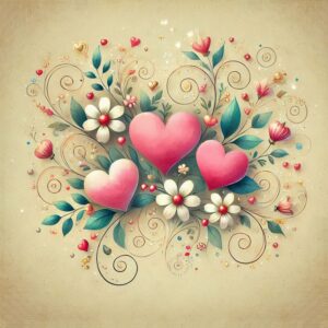 Valentine's Day beige card with hearts and flowers.