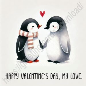 Happy valentines day greeting card with a couple of penguins in love.