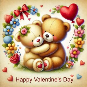 Happy valentines day greeting card with cartoon bear couple in love.