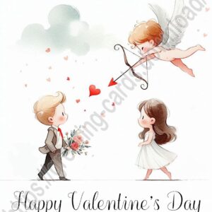 Valentine's Day greeting card with cartoon couple in love and shooting Cupid.