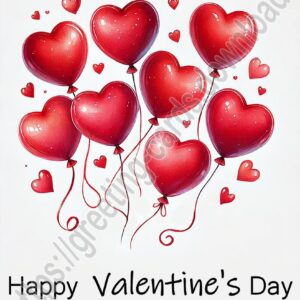 Happy valentines day greeting card with red heart shaped balloons.
