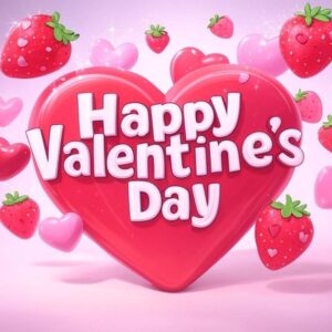 Happy valentines day pink greeting card with hearts and strawberries.