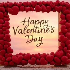 Happy valentines day greeting card with inscription in a frame of many red hearts.
