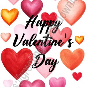 Happy Valentine's Day greeting card with painted hearts of different colors.