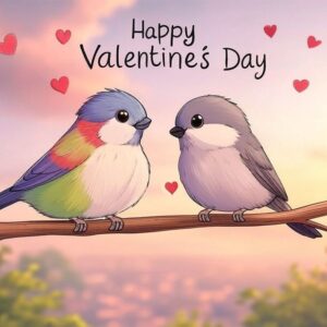 Happy valentines day greeting card with a couple of love birds.