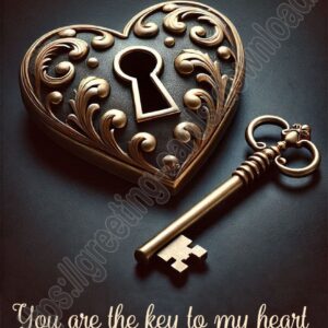 You are the key to my heart. Valentine's Day card with a heart and a key on a black background.
