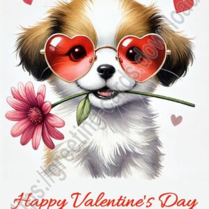 Happy valentines day greeting card with a dog wearing heart shaped glasses and a flower in its mouth.