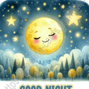 Good night e-card with night over the city drawn in cartoon style.