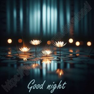 Good night e-card with glowing water lilies and lights on a forest pond.