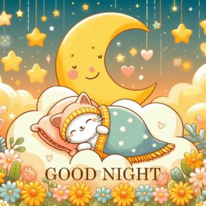 Good night yellow e-card with a sleeping cartoon kitten.