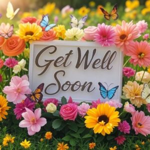 Get well soon e-card with flowers and butterflies.