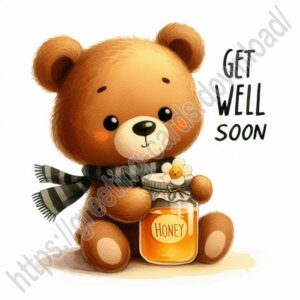 Get well soon e-card with a bear and a jar of honey.