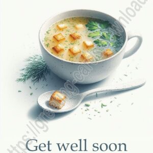 Get well soon e-card with a cup of hot soup.