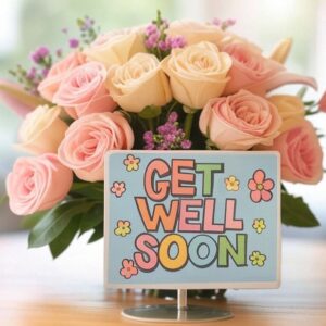 Get well soon e-card with a bouquet of flowers.
