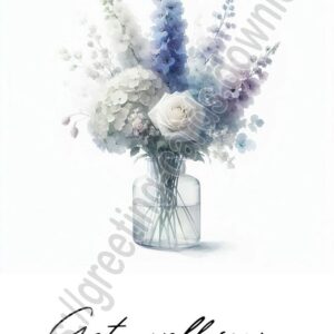 Get well soon e-card with a bouquet of delphinium, hydrangea and white rose in a clear glass vase.