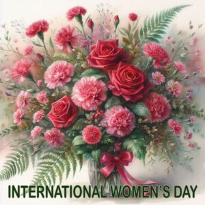 International women's day greeting e-card with bouquet of rose, carnation, chrysanthemum and fern leaves.