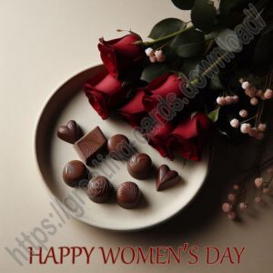 Happy women's day greeting e-card with dark red roses and chocolates.