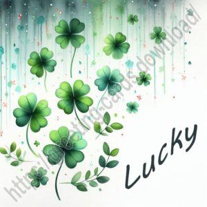 Lucky St. Patrick's Day greeting card with clover leaves and watercolor drips.