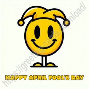 Happy April Fool's Day greeting card with a smiley wearing a jester hat.