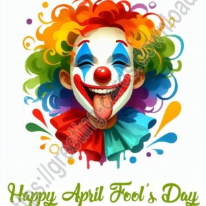 April Fool's Day greeting card with a clown face sticking out his tongue.