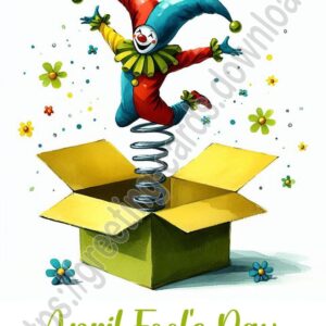 April Fool’s Day greeting card with jack in the box.