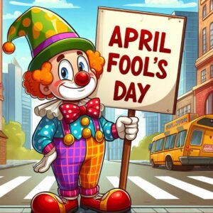April Fool's Day greeting card with a clown and a congratulatory sign.