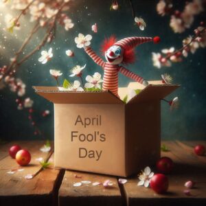 April Fool's Day greeting card with a jester jumping out of a box and spring flowers.