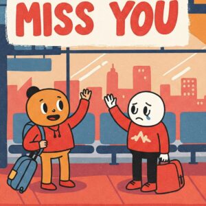 Miss you e card with friends saying goodbye at the station.
