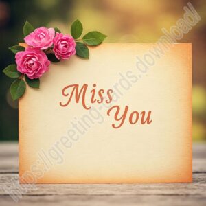 Miss you beige e card with pink roses.