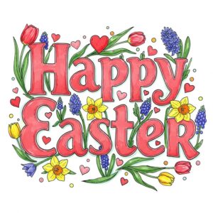 Happy Easter greeting card with tulips, daffodils and hyacinths.