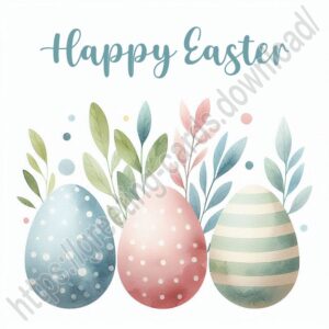 Happy Easter greeting card in pastel colors with three Easter eggs.
