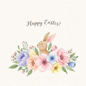 Happy Easter greeting card with bunny in flowers.
