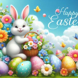 Happy Easter blue greeting card with bunny, easter eggs and flowers.