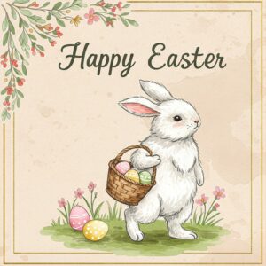 Happy Easter greeting card with a bunny holding a basket of Easter eggs.